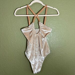 For Love And Lemons Size S Lula Velvet Bodysuit Blush Bondage Strap Neckline